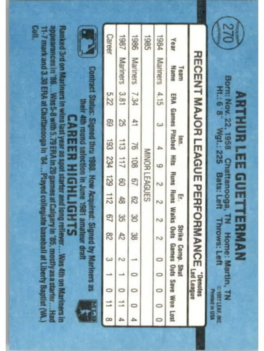 1988 Lee Guetterman Donruss Baseball Card #270